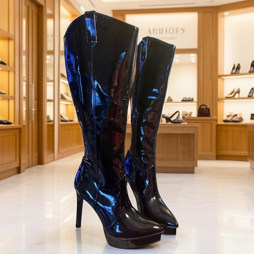 Thalia Sodi NWT Sz 6 Gorgeous Shiny Black Stiletto Heeled Knee High Boots SH194